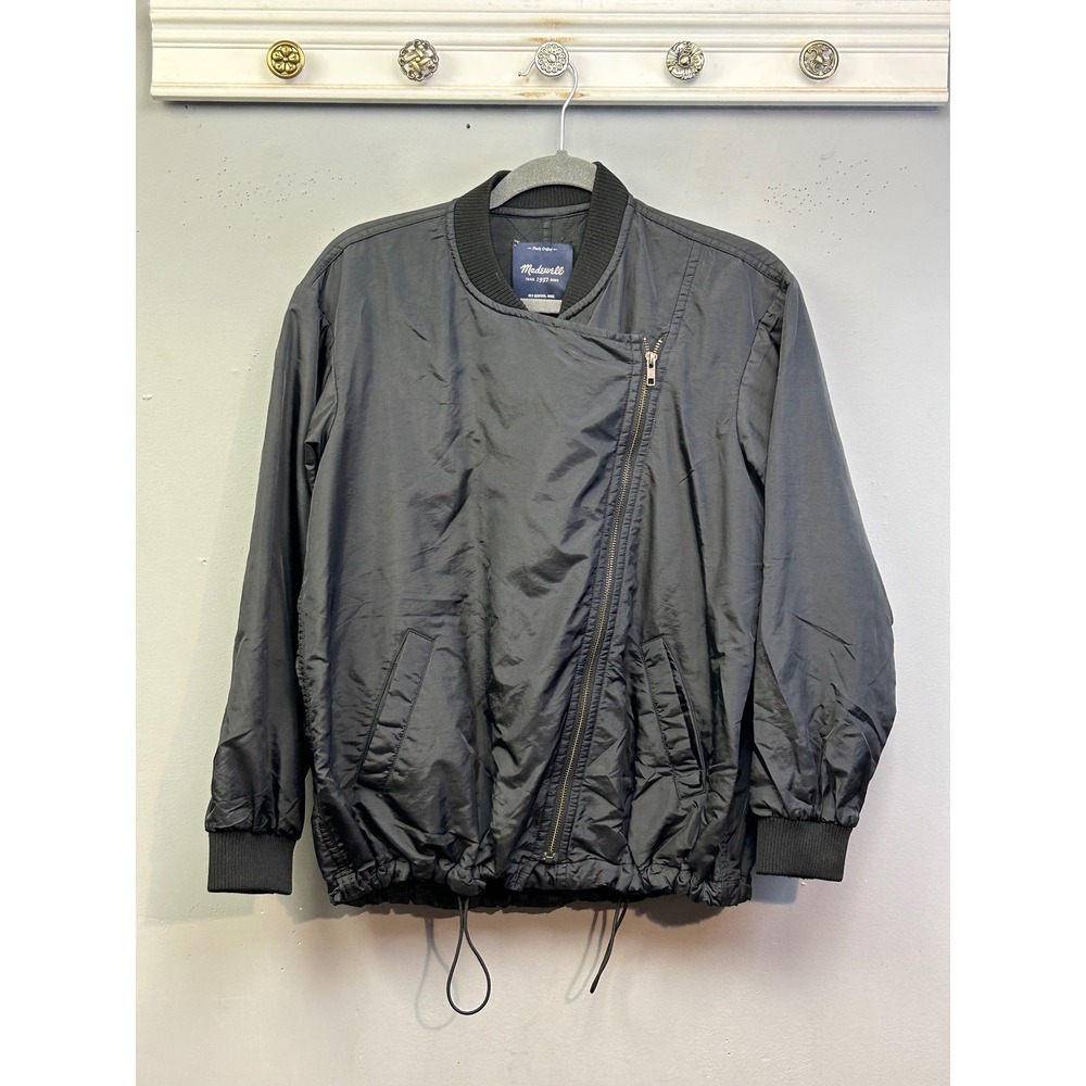 Madewell Jacket Womens Small Black Asymmetric Zip Bomber Drawstring Hem Pockets